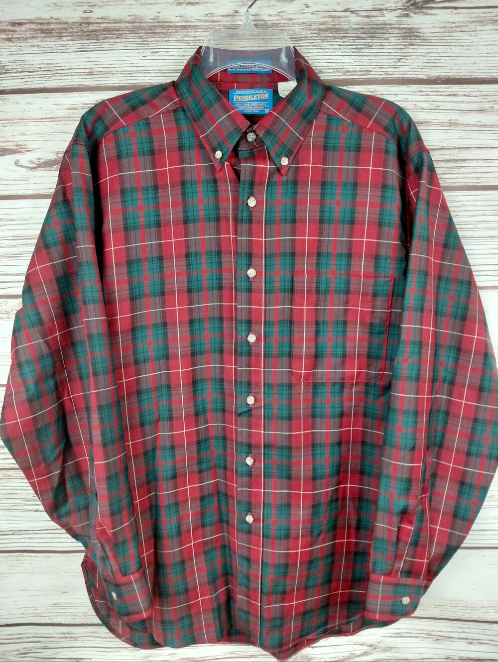 Pendleton Mens Medium Vintage Red/Green Plaid 100% Wool Button Down Dress Shirt